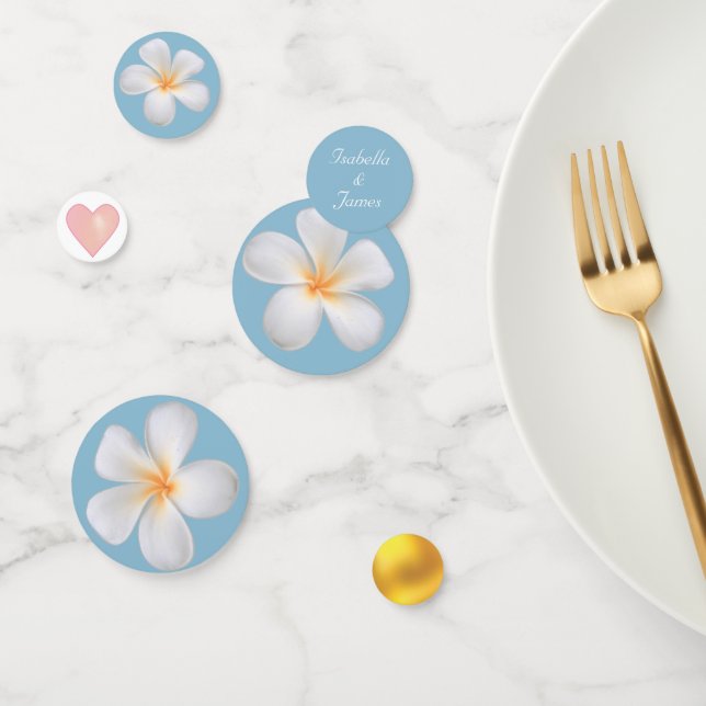 White Plumeria Flowers on Light Wondrous Blue Confetti (Group)