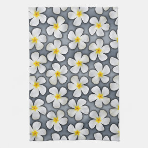 White Plumeria Flowers on Silver Tea Towel