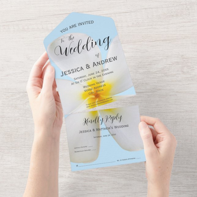 White Plumeria on Blue, Tropical, Floral Wedding All In One Invitation (Tearaway)