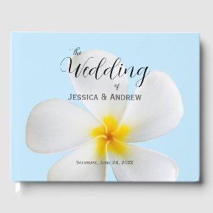 White Plumeria on Blue, Tropical, Floral, Wedding Guest Book