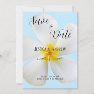 White Plumeria on Blue, Tropical, Floral Wedding Save The Date