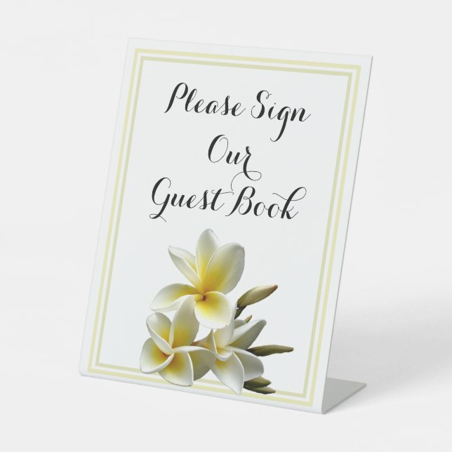 White Plumeria Table Sign Our Guest Book (Front)