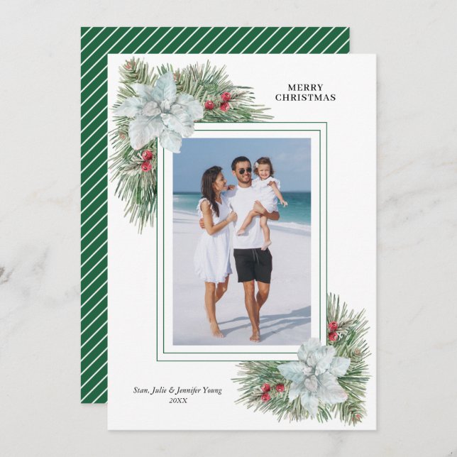 White Poinsettia and Pines Christmas Photo Holiday Card (Front/Back)