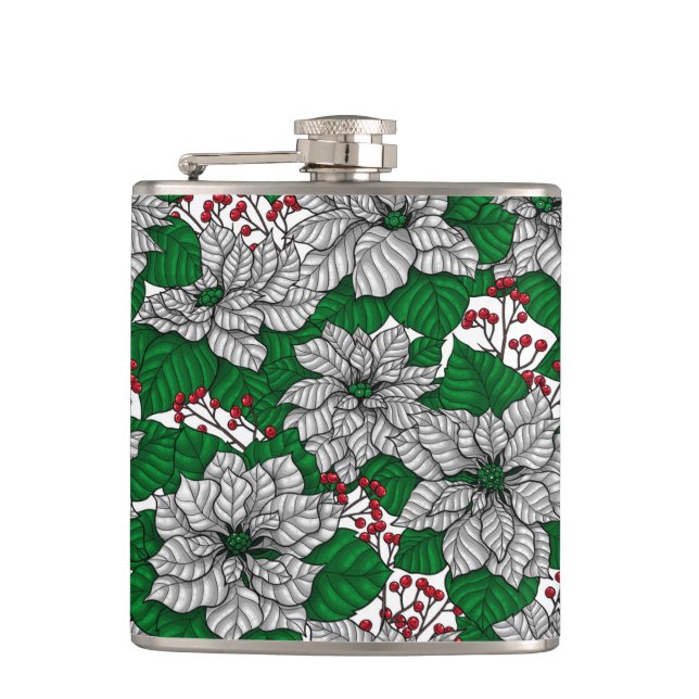 White poinsettia, Christmas pattern Hip Flask (Front)