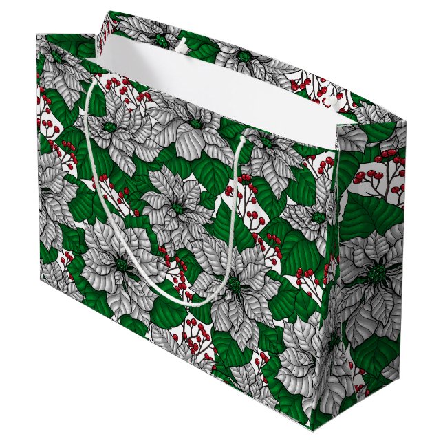 White poinsettia, Christmas pattern Large Gift Bag (Back Angled)