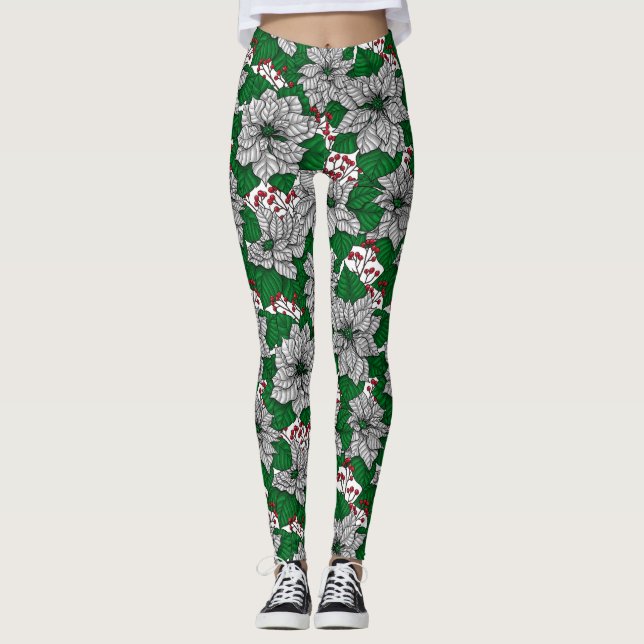 White poinsettia, Christmas pattern Leggings (Front)