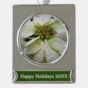 White Poinsettia Elegant Christmas Holiday Floral Silver Plated Banner Ornament