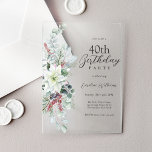 White Poinsettia Floral 40th Birthday Party Acrylic Invitations<br><div class="desc">A perfect invitation for celebrating a 40th birthday during the Christmas holiday season, this elegant floral design features a lovely white watercolor poinsettia with eucalyptus, red berries and holly and a sage green background. Personalised with your specific party details. The age may be personalised to any age. For your convenience,...</div>