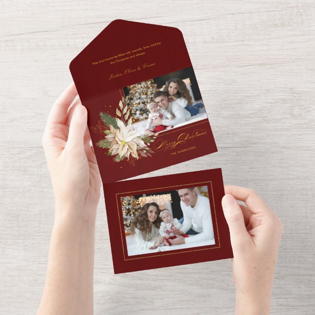 White Poinsettia, Gold Greenery Calligraphy Photo All In One Invitation (Tearaway)