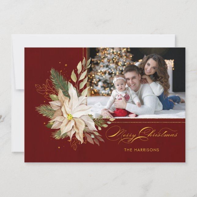White Poinsettia, Gold Greenery Calligraphy Photo Holiday Card (Front)