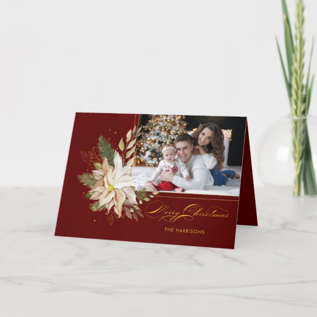White Poinsettia, Gold Greenery Calligraphy Photo Holiday Card (Front)