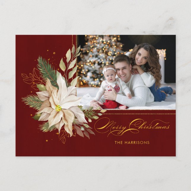 White Poinsettia, Gold Greenery Calligraphy Photo Holiday Postcard (Front)