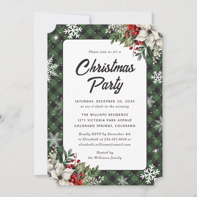White Poinsettia Green Plaid Christmas Party Invitation (Front)