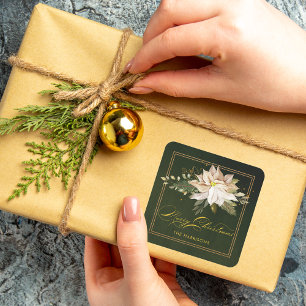 White Poinsettia & Merry Christmas Calligraphy Square Sticker