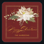 White Poinsettia & Merry Christmas Calligraphy Square Sticker<br><div class="desc">Elegant artistic white poinsettia,  green leaves,  winter pine,  gold greenery and sparkles with "Merry Christmas" custom calligraphy on deep red background. Includes editable text field.</div>