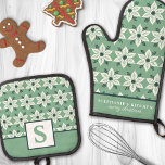 White Poinsettia on Green Floral Monogrammed Oven Mitt & Pot Holder Set<br><div class="desc">Add a touch of elegance to your holiday kitchen with this beautiful oven mitt and pot holder set featuring a white poinsettia flower pattern with green accents on a serene green background. Perfect for bringing festive charm to your culinary space, this set is both stylish and functional. Customise it with...</div>