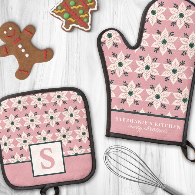  White Poinsettia on Pink Floral Monogrammed Oven Mitt & Pot Holder Set (Creator Uploaded)