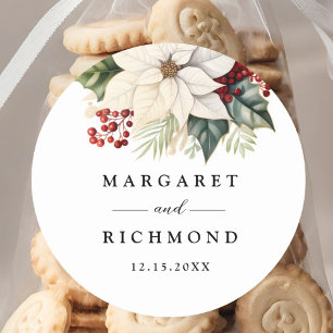 White Poinsettia Red Berries Winter Wedding Classic Round Sticker