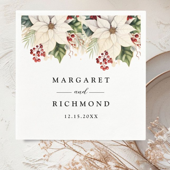 White Poinsettia Red Berries Winter Wedding Paper Napkin (Creator Uploaded)