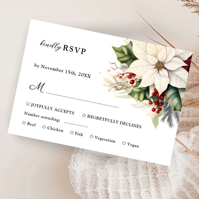 White Poinsettia Red Berries Winter Wedding RSVP (Creator Uploaded)