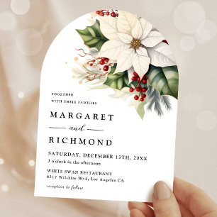 White Poinsettia Red Berry Christmas Arch Wedding  Invitation