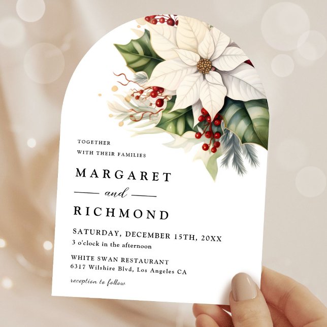 White Poinsettia Red Berry Christmas Arch Wedding  Invitation (Creator Uploaded)