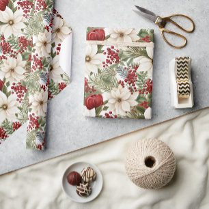 White Poinsettia, Red Floral Christmas Wrapping Paper