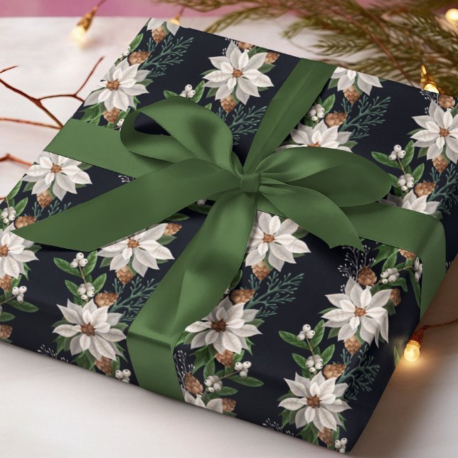 White Poinsettia Winter Floral Christmas Pattern Wrapping Paper (Creator Uploaded)