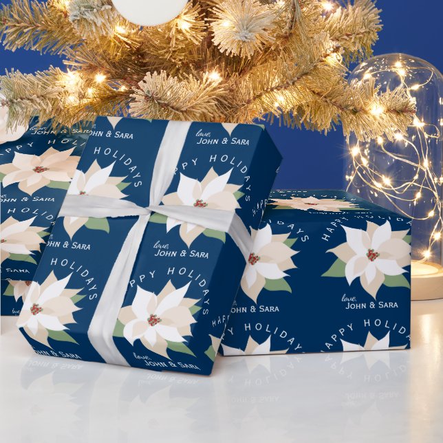 White Poinsettias Happy Holidays Blue Christmas Wrapping Paper (Holidays)