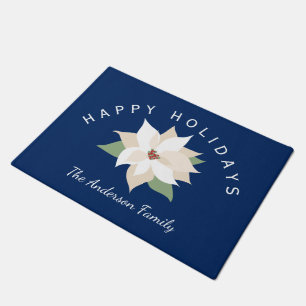 White Poinsettias, Happy Holidays, Personalised Doormat