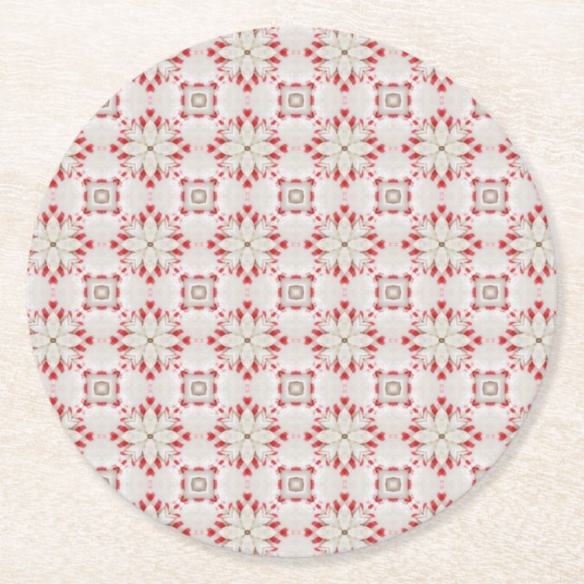 White Poinsettias Pattern Christmas Round Paper Coaster (Front)