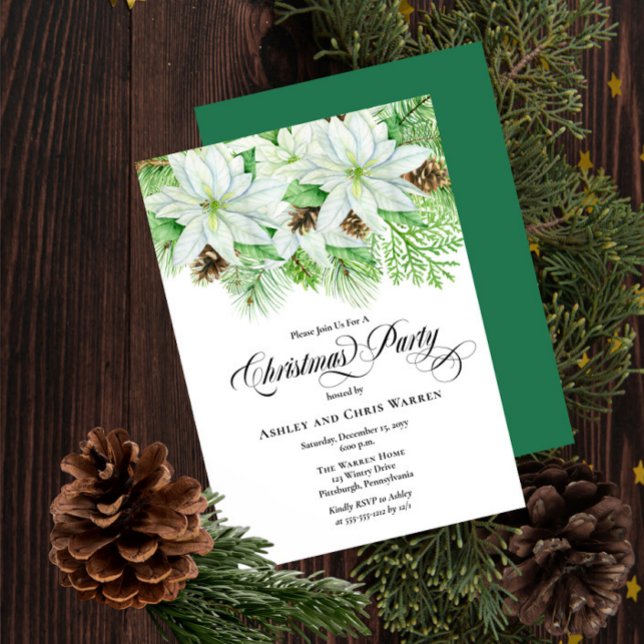 White Poinsettias | Pinecones Pine Christmas Party Invitation (Creator Uploaded)