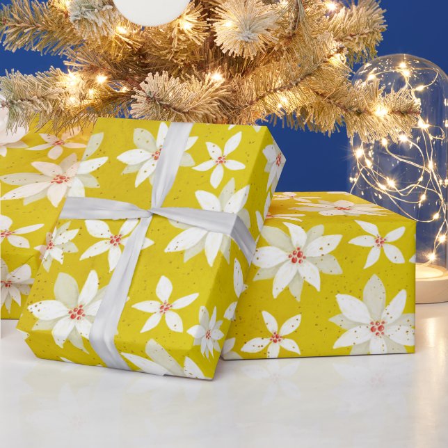 White Poinsettias Red Accents Bright Golden Yellow Wrapping Paper (Holidays)