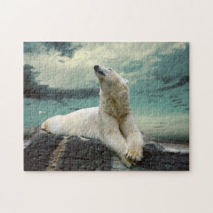 White Polar Bear Hunter on rock Jigsaw Puzzle