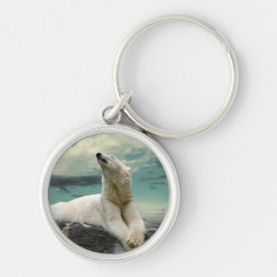 White Polar Bear Hunter on rock Key Ring