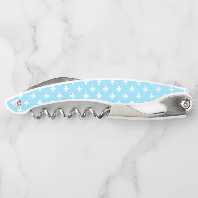 White polka crosses on baby blue corkscrew (Back)