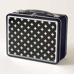 White polka crosses on black metal lunch box