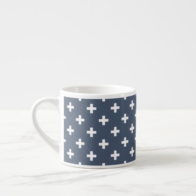 White polka crosses on blue-gray espresso cup (Left)