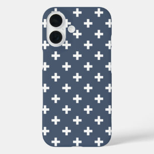 White polka crosses on blue-grey iPhone 16 case