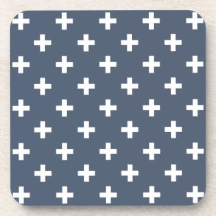 White polka crosses on blue-grey coaster