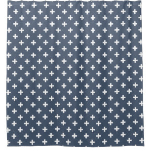 White polka crosses on blue-grey shower curtain
