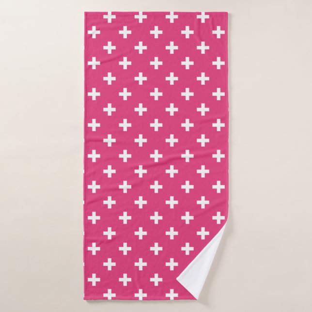 White polka crosses on fuchsia bath towel (Bath Towel)