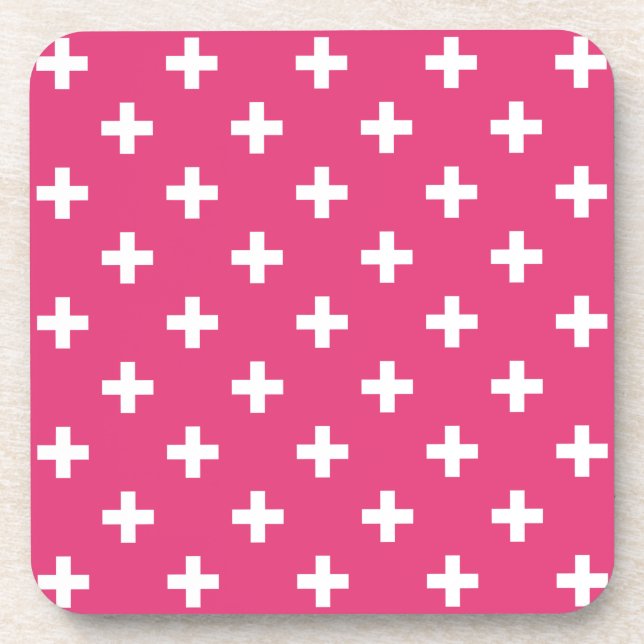 White polka crosses on fuchsia coaster (Front)