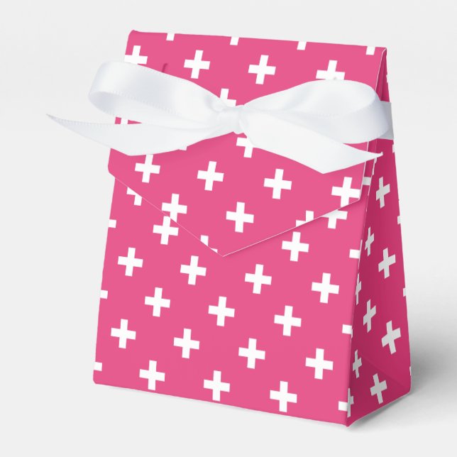 White polka crosses on fuchsia favour box (Front Side)