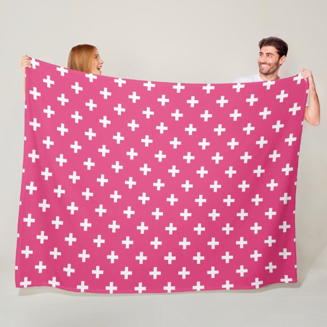 White polka crosses on fuchsia fleece blanket (In Situ)