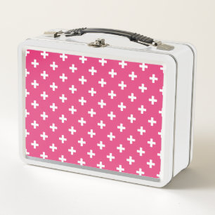 White polka crosses on fuchsia metal lunch box