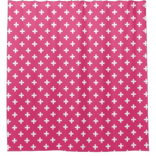 White polka crosses on fuchsia shower curtain