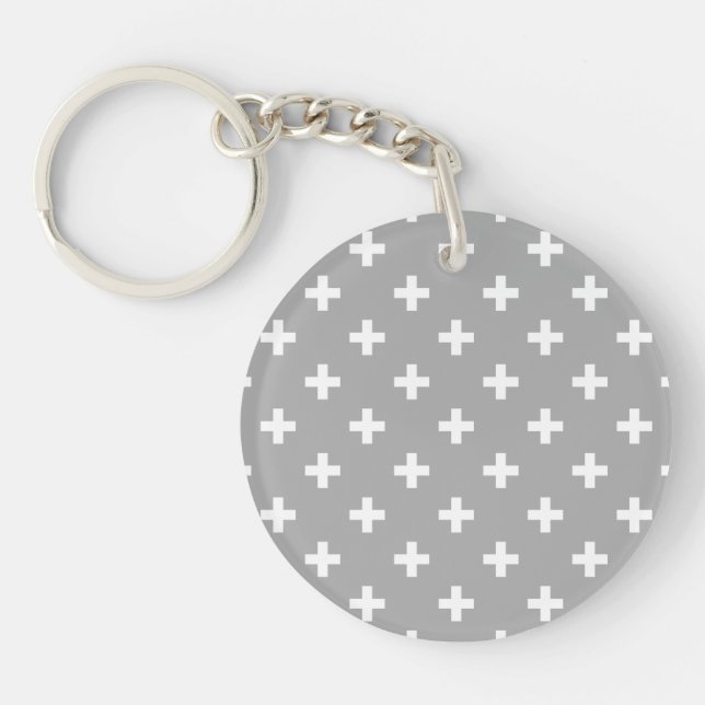 White polka crosses on gray key ring (Front)