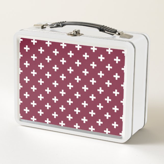 White polka crosses on mulberry metal lunch box (Front)