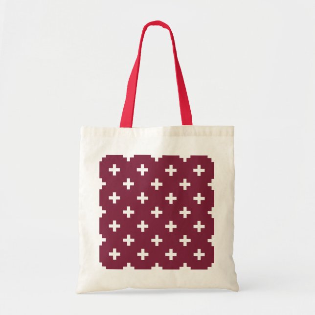 White polka crosses on mulberry tote bag (Front)